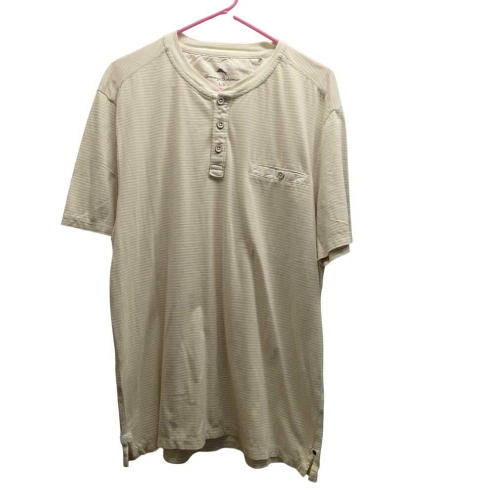 Tommy Bahama Men's Size Large Yellow White Striped Short Sleeve Henley Shirt